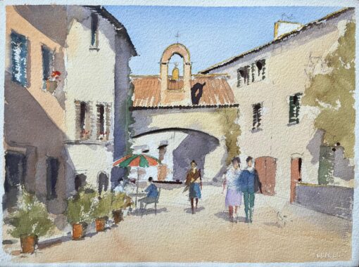 British Impressionist Watercolor of a Street Scene with Bell Tower Arch