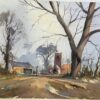British Impressionist Watercolor of a Rural Church in Winter