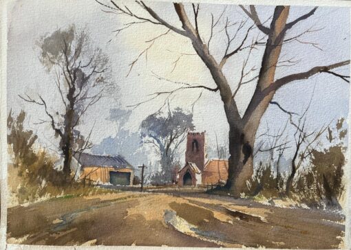 British Impressionist Watercolor of a Rural Church in Winter