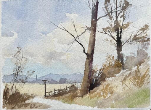 British Impressionist Watercolor of Countryside Path with Distant Mountains