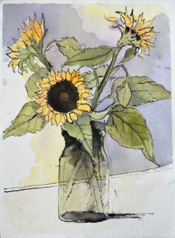 British Impressionist Watercolor of Sunflowers in a Vase
