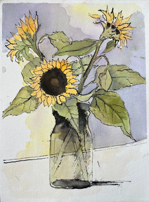 British Impressionist Watercolor of Sunflowers in a Vase