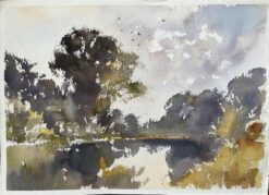 British Impressionist Watercolor of Trees Reflected in a Still Lake