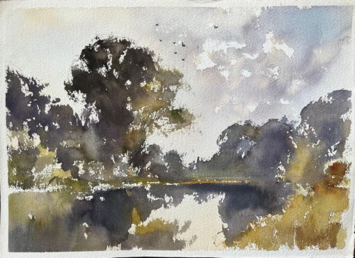British Impressionist Watercolor of Trees Reflected in a Still Lake