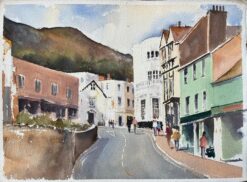British Impressionist Watercolor of Charming Townscape with a Hillside Backdrop