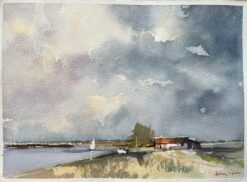 British Impressionist Watercolor of a Riverside Scene with Dramatic Sky