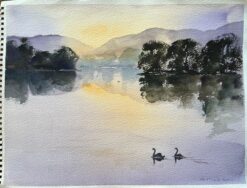 British Impressionist Watercolor of Swans Gliding Across a Tranquil Lake at Dawn
