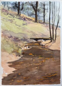 British Impressionist Watercolor of a Meandering Stream Through Sunlit Woods