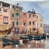 British Impressionist Watercolor of an Italian Harbor Scene with Fishing Boats
