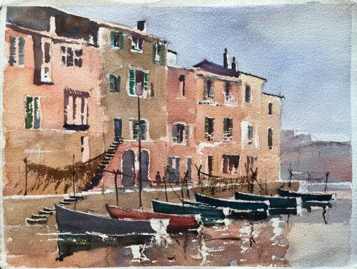 British Impressionist Watercolor of an Italian Harbor Scene with Fishing Boats