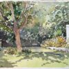 British Impressionist Watercolor of a Sunlit Garden with Tree and Flowers