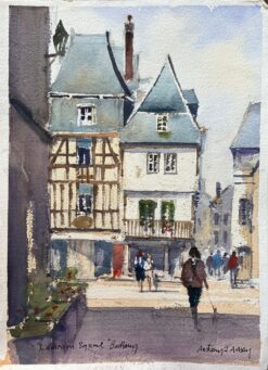 British Impressionist Watercolor of a Busy Street in Lannion Square, Brittany