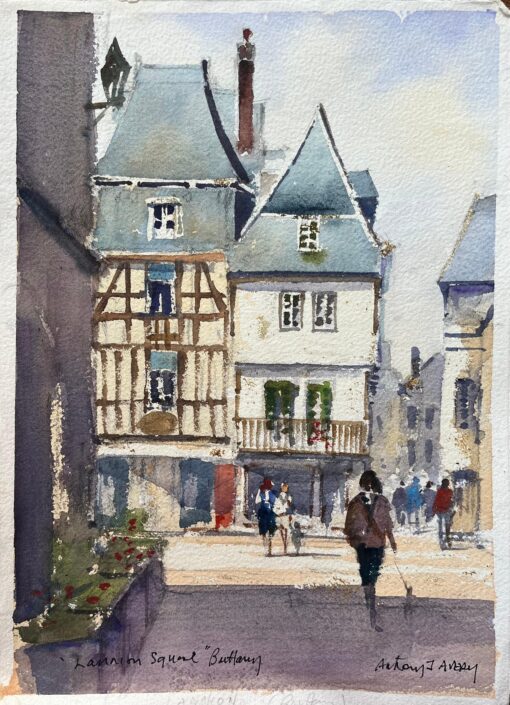 British Impressionist Watercolor of a Busy Street in Lannion Square, Brittany