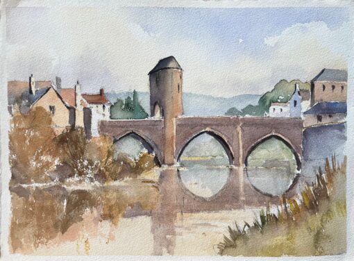 British Impressionist Watercolor of a Medieval Bridge Over a Serene River
