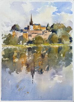 British Impressionist Watercolor of Hilltop Village and Church with Reflections