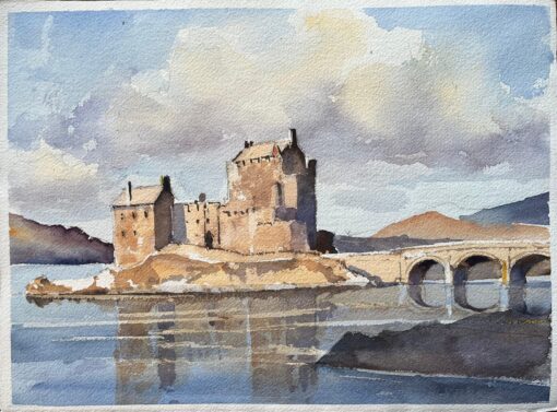 British Impressionist Watercolor of Eilean Donan Castle Scotland