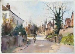 British Impressionist Watercolor of a Lone Figure Walking Along a Village Street