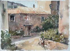 British Impressionist Watercolor of Rustic Courtyard in Tossa de Mar