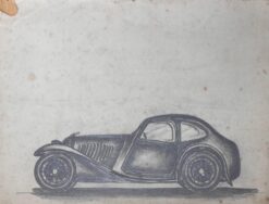 World War I Dogfight Scene with Vintage Race Car Pencil Illustration