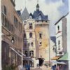 British Impressionist Watercolor of Architectural Charm in Loches Town Square