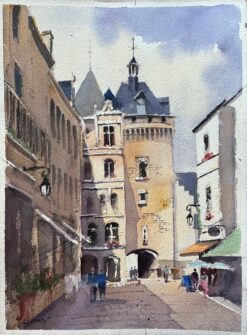 British Impressionist Watercolor of Architectural Charm in Loches Town Square