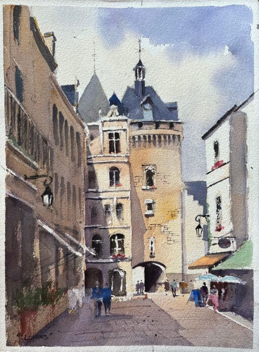 British Impressionist Watercolor of Architectural Charm in Loches Town Square