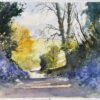 British Impressionist Watercolor of Sunlit Country Path Enveloped by Bluebells