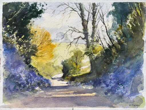 British Impressionist Watercolor of Sunlit Country Path Enveloped by Bluebells
