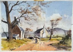 British Impressionist Watercolor of a Rural Village Scene with Figure in Autumn