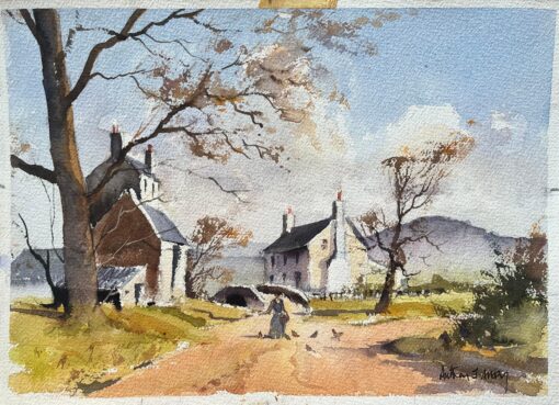 British Impressionist Watercolor of a Rural Village Scene with Figure in Autumn