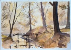 British Impressionist Watercolor of a Woodland Bridge in Autumn Light