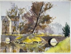 British Impressionist Watercolor of a House and Stone Bridge Over a Stream