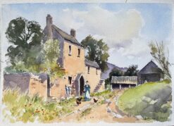 British Impressionist Watercolor of a Farmhouse with a Figure Feeding Chickens