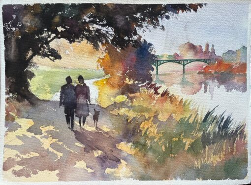 British Impressionist Watercolor of Couple Taking Their Dog on a Riverside Walk