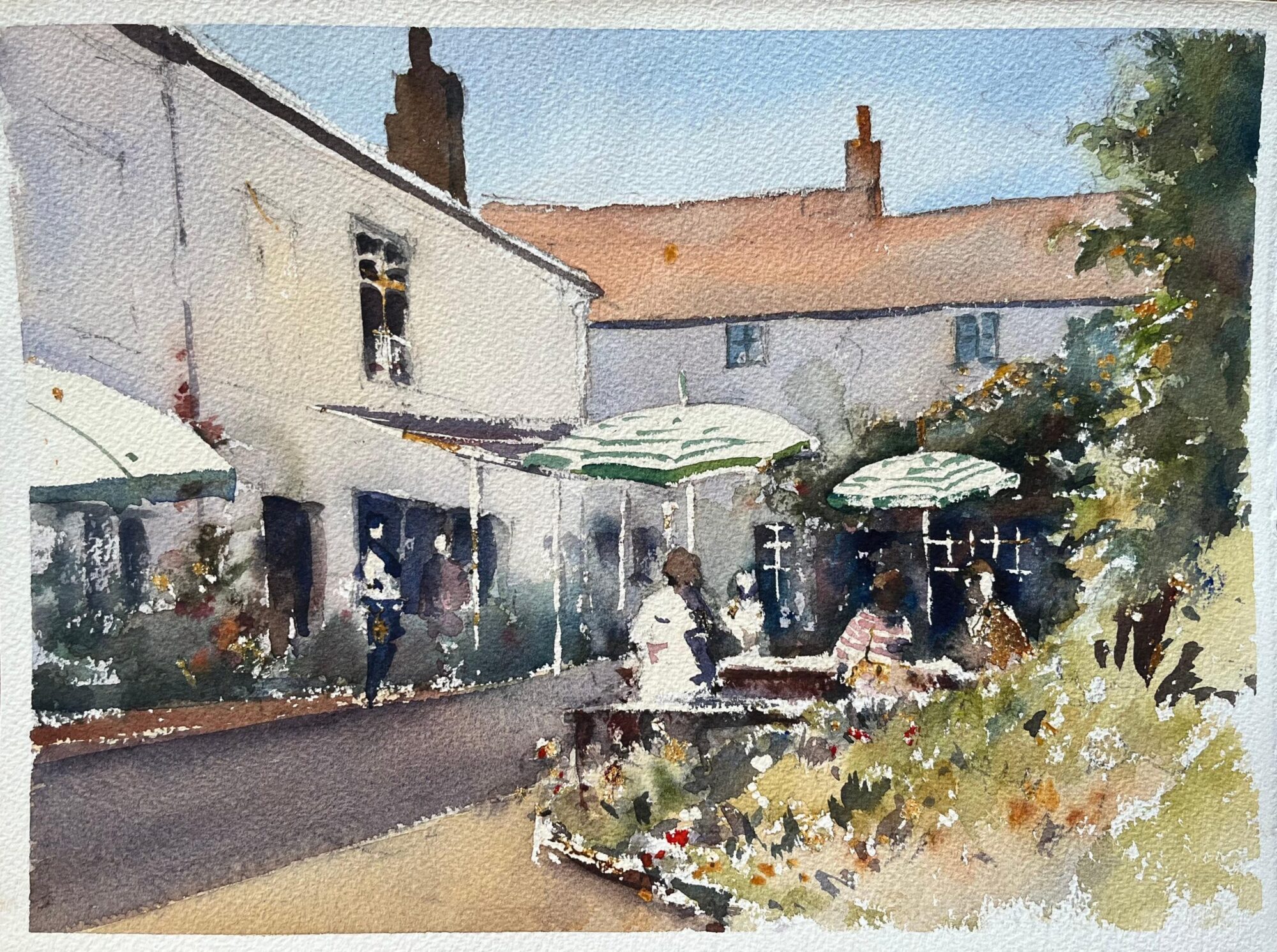 British Impressionist Watercolor of a Busy Sunny Courtyard Café Scene