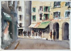 British Impressionist Watercolor of a Busy Sunlit European Street Scene