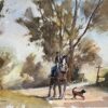 British Impressionist Watercolor of a Rider, Horse and Dog in the Countryside