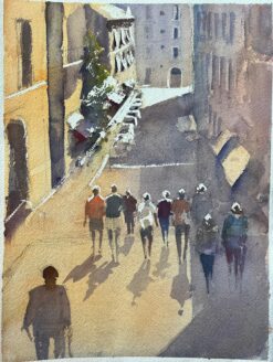 British Impressionist Watercolor of a Sunlit Street with Figures