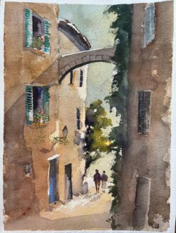 British Impressionist Watercolor of a Quaint Archway and Alley