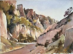 British Impressionist Watercolor of a Rocky Gorge Landscape