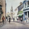 British Impressionist Watercolor of a Bustling Town Center with Clock Tower