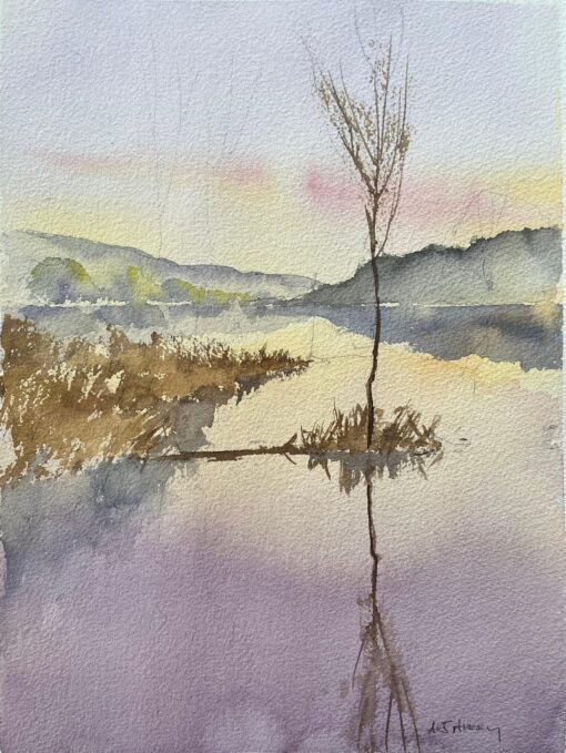 British Impressionist Watercolor of a Tranquil Lakeside Scene at Sunset
