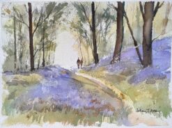 British Impressionist Watercolor of a Woodland Walk Among Bluebells