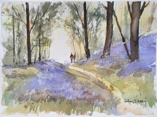 British Impressionist Watercolor of a Woodland Walk Among Bluebells