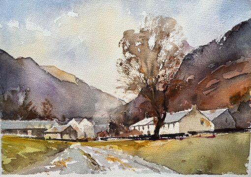 British Impressionist Watercolor of a Countryside Hamlet Beneath Rolling Hills