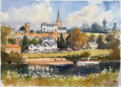 British Impressionist Watercolor of a Sunlit Riverside Village Scene