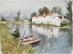 British Impressionist Watercolor of a Riverside Scene with Cottages and Boats
