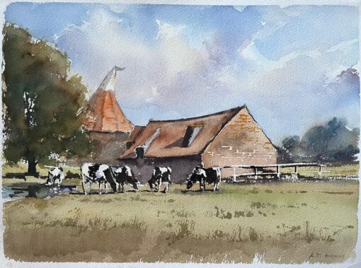 British Impressionist Watercolor of a Rural Farmstead with Grazing Cows