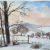 British Impressionist Watercolor of a Snowy Countryside Church Scene