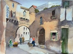 British Impressionist Watercolor of a European Stone Archway Street Scene